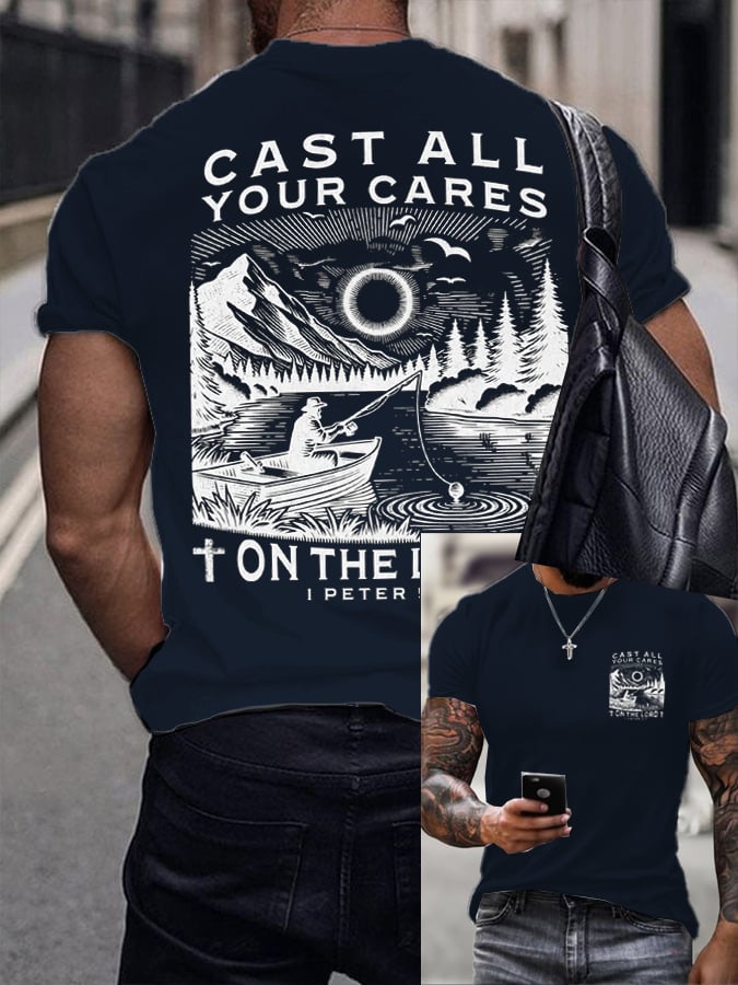 Men's Retro Faith Fishing Hunting Print T-Shirt