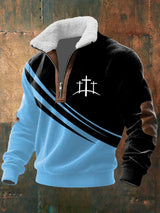 Men's Vintage Faith Design Printed Knit Fabric Zipper Fur Collar Long Sleeve Sweatshirt