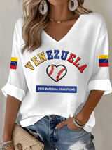 Women's Baseball Print V-Neck Top