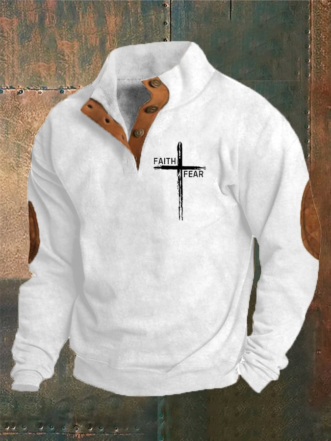 Men's Vintage Faith "Faith Over Fear" Printed Stand Collar Button-Up Sweatshirt