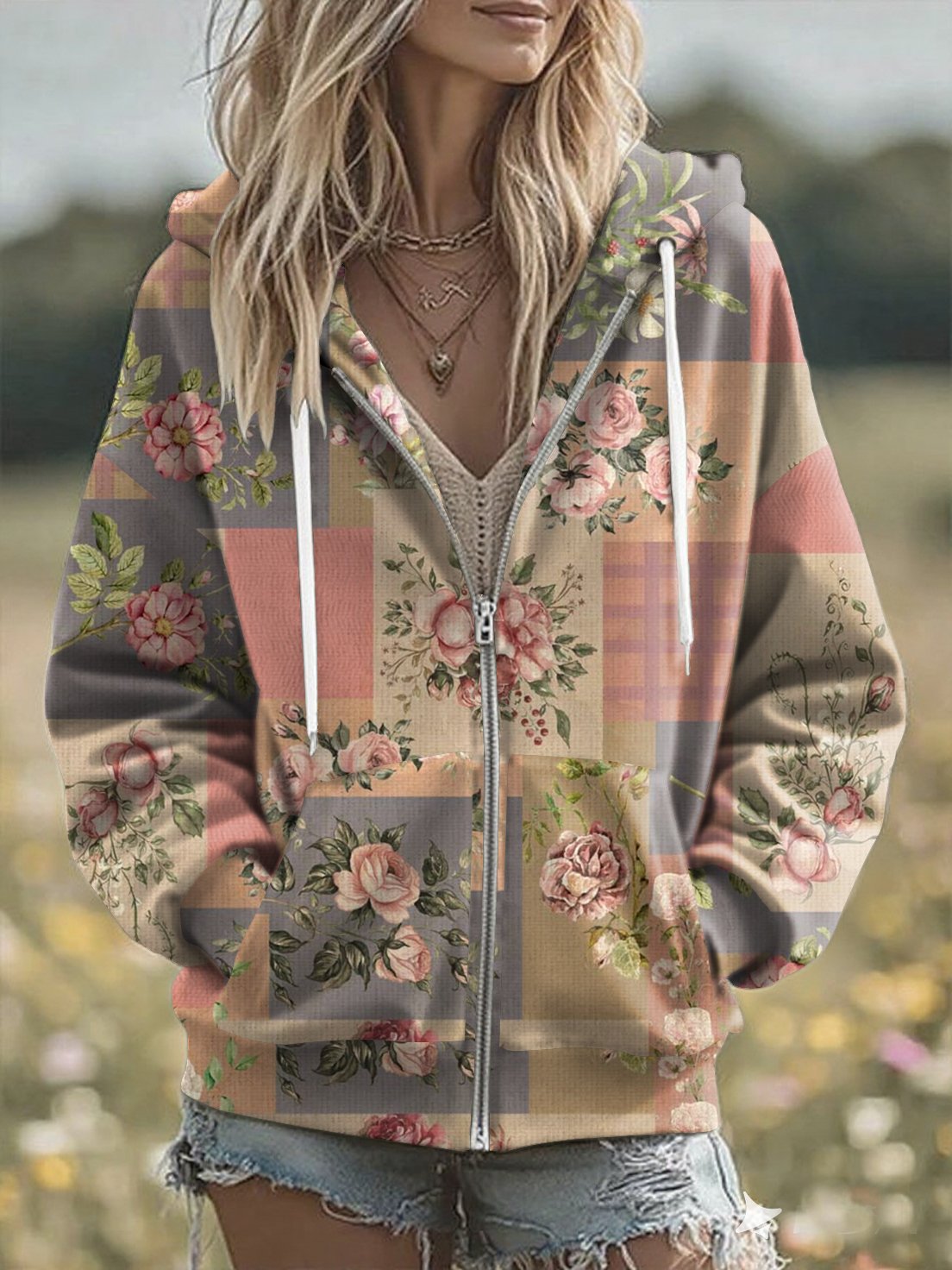 Women'S Casual Pink Floral Patchwork Hoodie