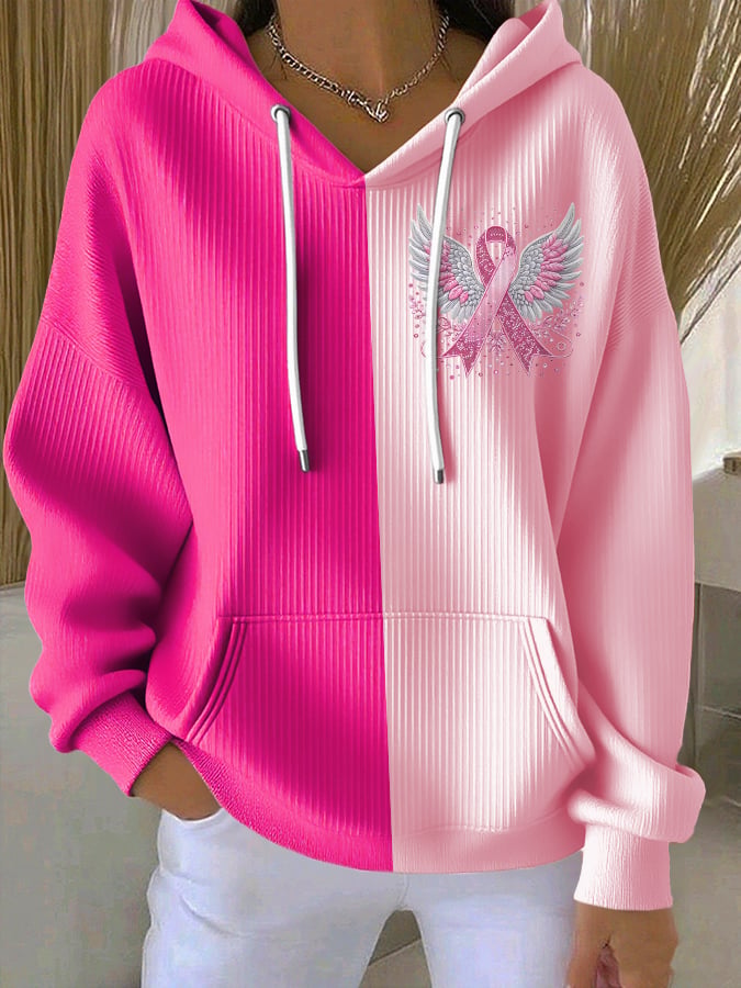 Women's Casual Contrast Pink Ribbon Wings Hoodie