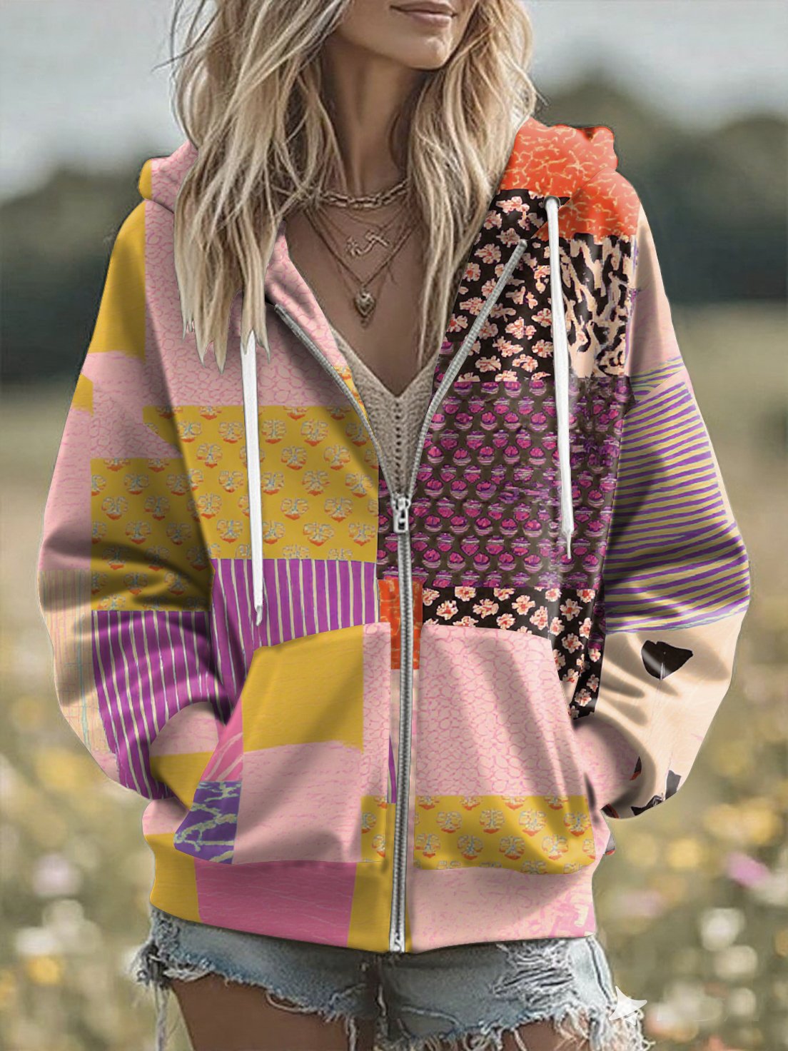 Women'S Casual Pink Floral Patchwork Hoodie