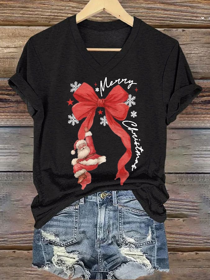 V-Neck Retro Merry Christmas Bow Santa Claus Snowflakes Print T-Shirt