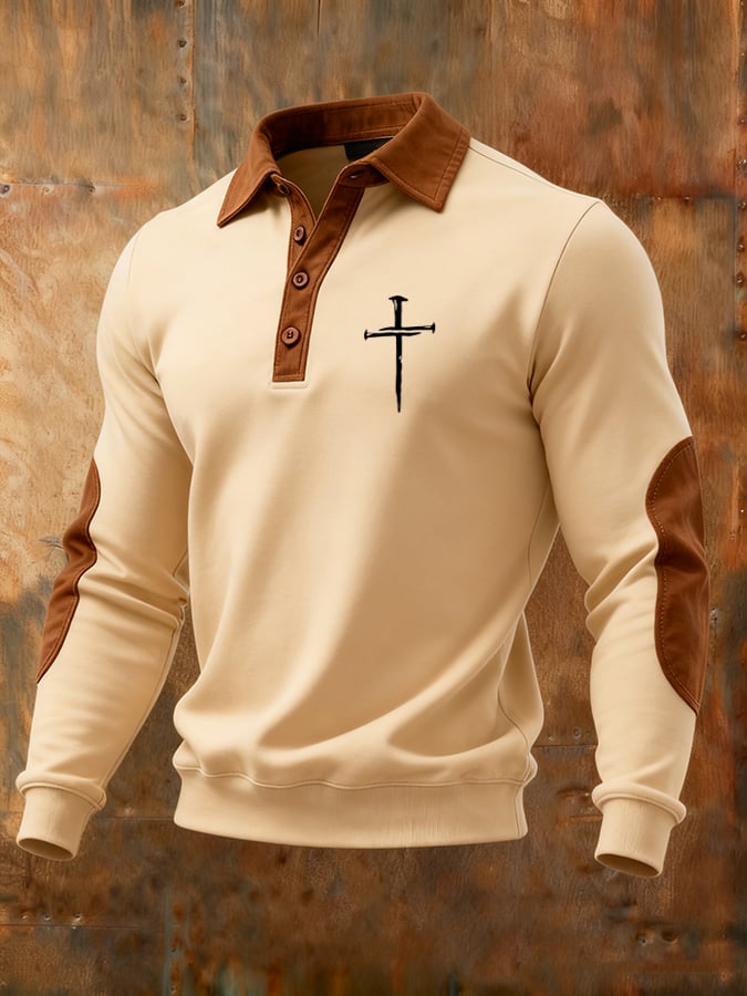 Men's Vintage Faith Cross Print Button Lapel Sweatshirt