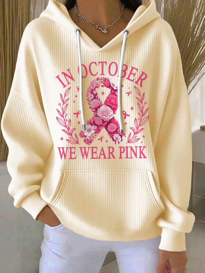 Women's Casual Floral Ribbon October We Wear Pink Textured Hoodie