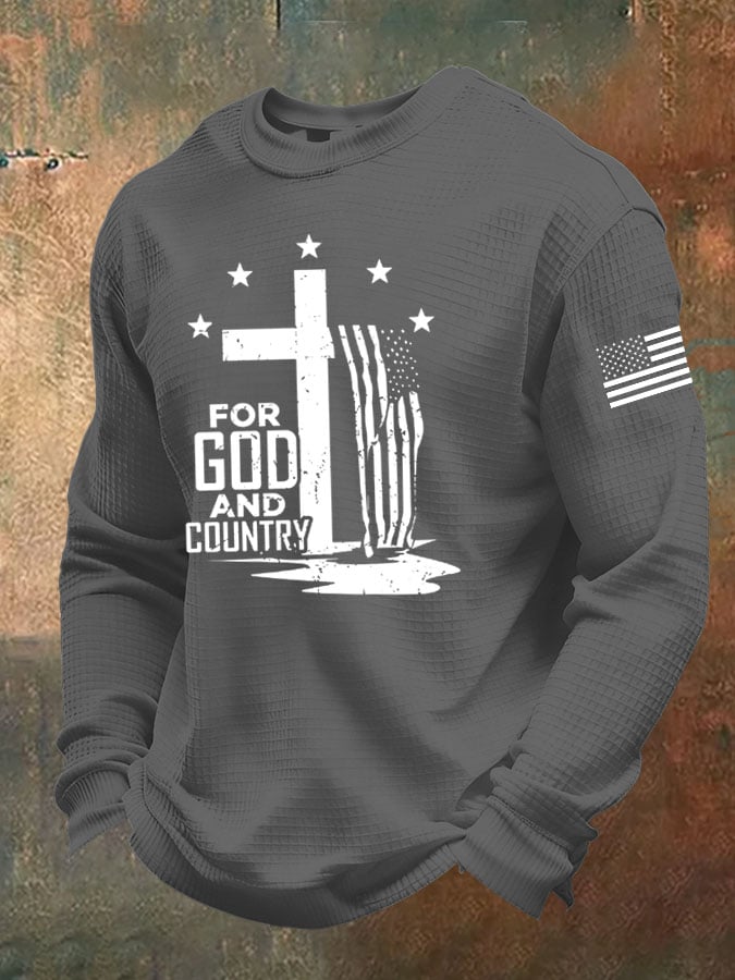 Men's USA Flag Cross For God And Country Print Casual Waffle T-Shirt