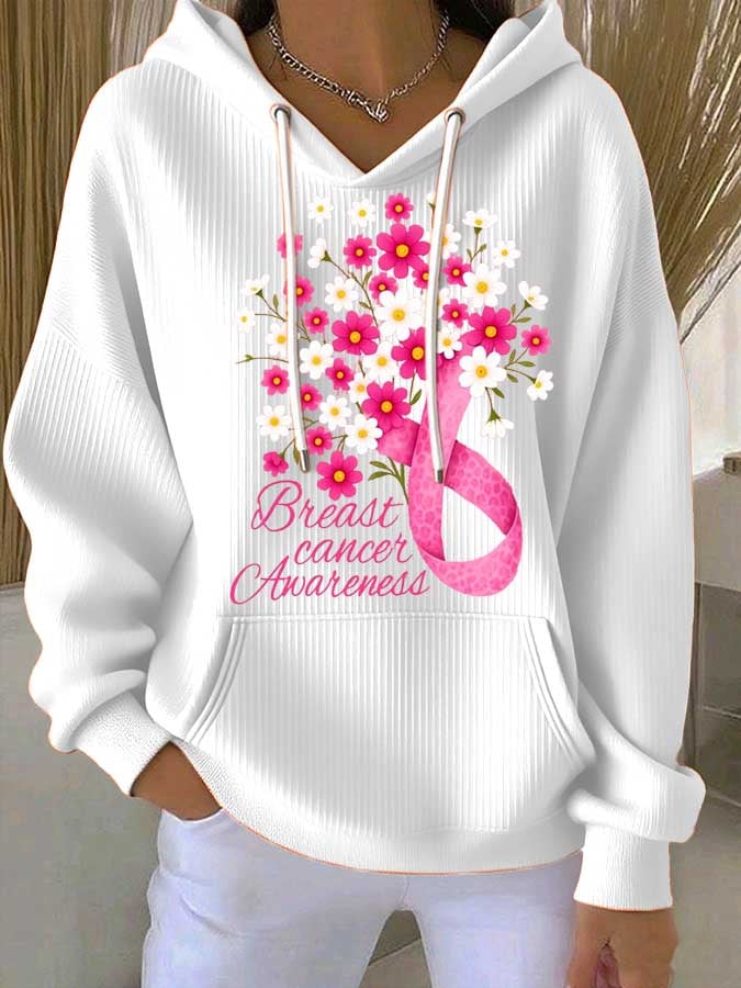 Women's Breast Cancer Floral Print Casual Hoodie
