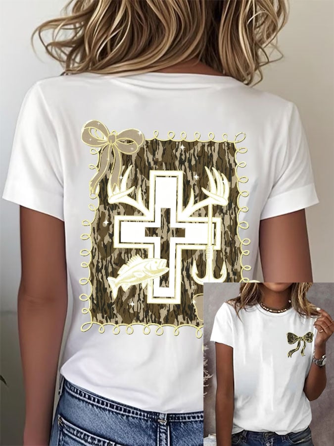 Women's Retro Faith Fishing Hunting Print T-Shirt