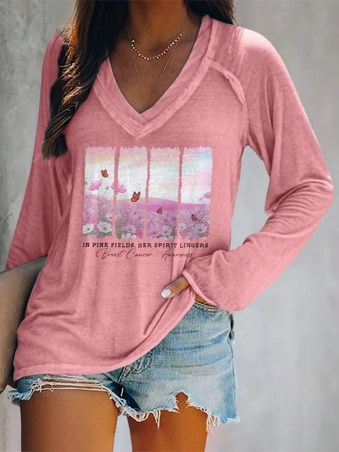 V-neck Retro Breast Cancer Awareness In Pink Fields, Her Spirit Lingers Print T-Shirt