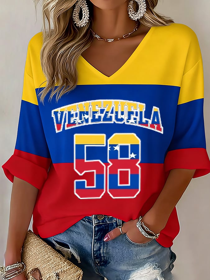 Women's Baseball Print V-Neck Top