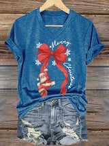 V-Neck Retro Merry Christmas Bow Santa Claus Snowflakes Print T-Shirt