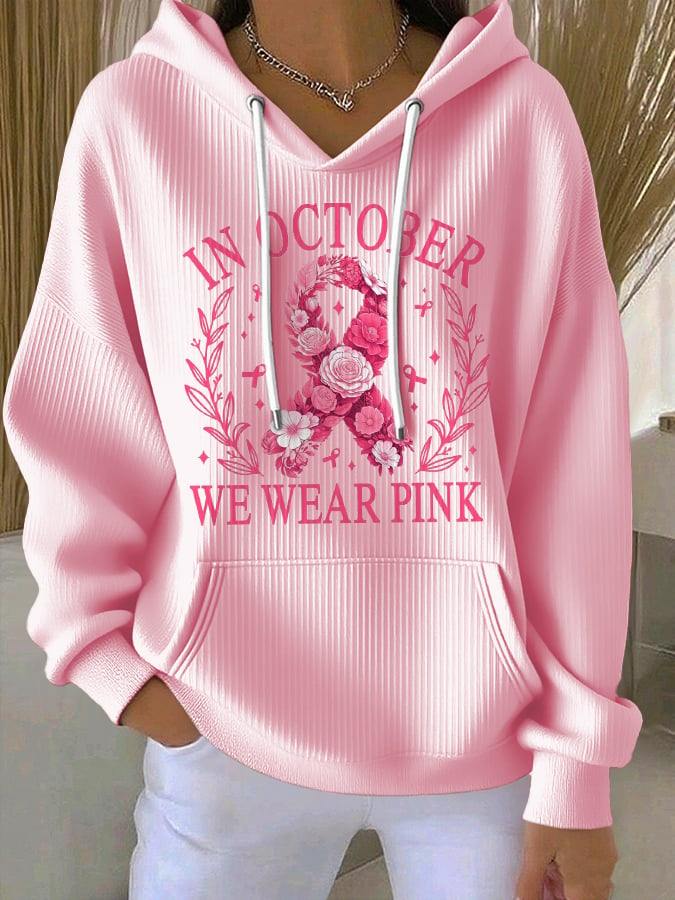 Women's Casual Floral Ribbon October We Wear Pink Textured Hoodie