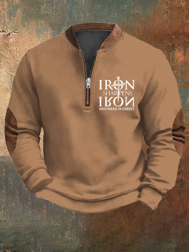 Men's Vintage Faith "Iron Sharpen Iron Brothers In Christ" Printed Zip Collar Sweatshirt