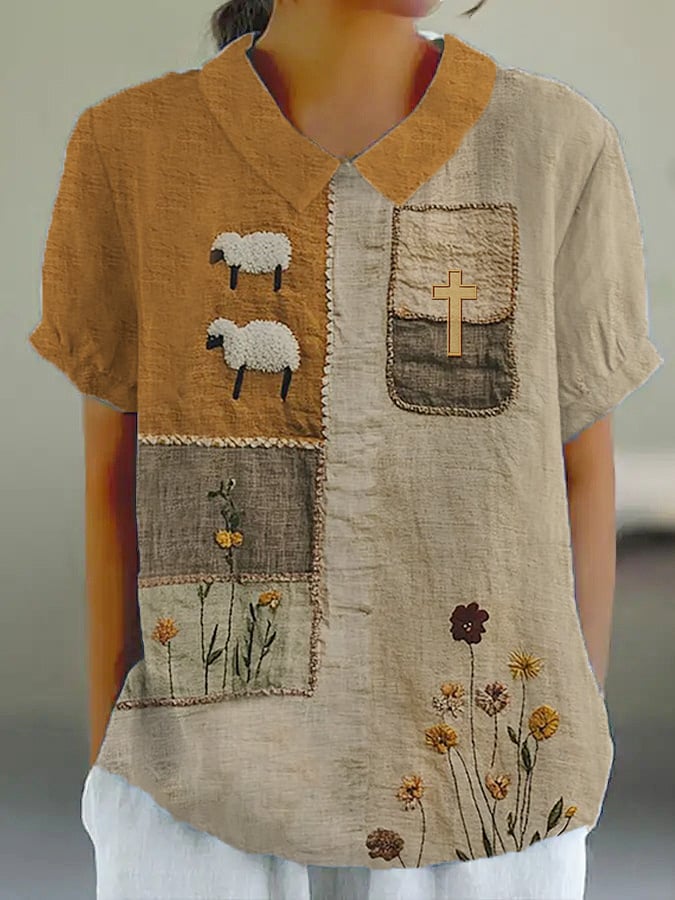 Women's Cute Lamb Floral Cross Faux Embroidery Print Shirt Top