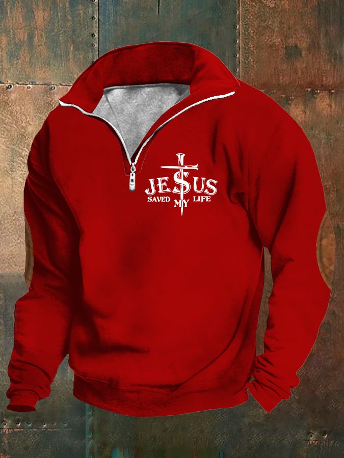 Men's Retro Faith "Jesus Saved My Life" Printed Stand Collar Zipper Sweatshirt
