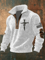 Men's Faith Print Knitted Fabric Zipper Fur Collar Long-Sleeved Sweatshirt