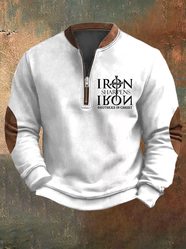 Men's Vintage Faith "Iron Sharpen Iron Brothers In Christ" Printed Zip Collar Sweatshirt