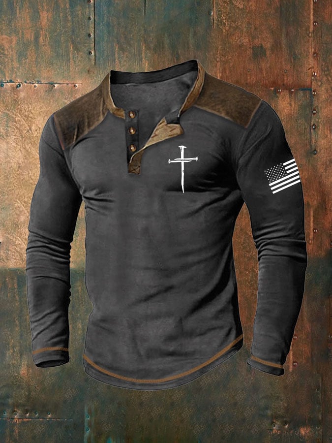 Men's Cross Print Casuasl Henley Collar Shirt