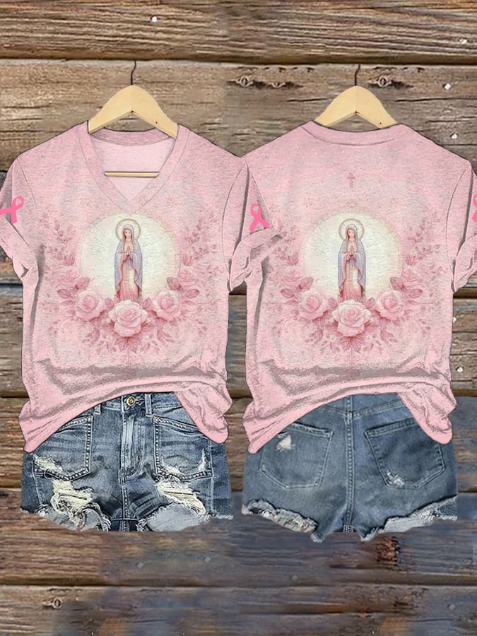 Women's Virgin Mary Pink Breast Cancer Awareness Print V-Neck T-Shirt