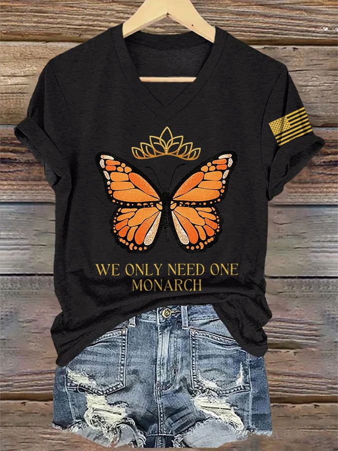 🔥Buy 3 Get 15% Off🔥V-Neck Retro No Kings We Only Need One Monarch Butterfly  Print T-Shirt