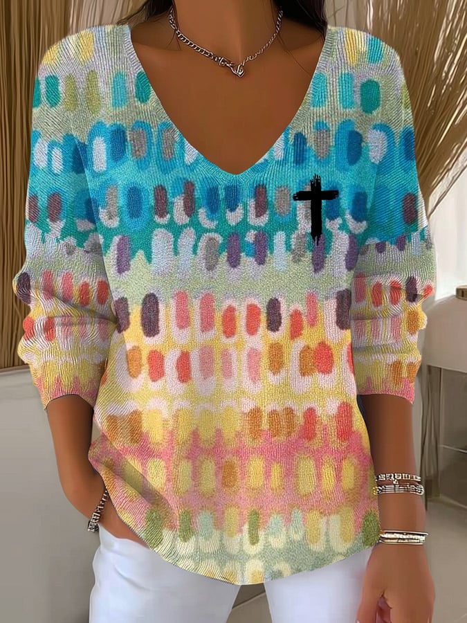 Women's Casual Retro Color Block Faith Ribbed Long-Sleeved Top