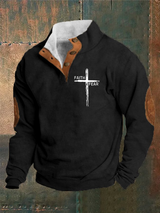 Men's Vintage Faith "Faith Over Fear" Printed Stand Collar Button-Up Sweatshirt