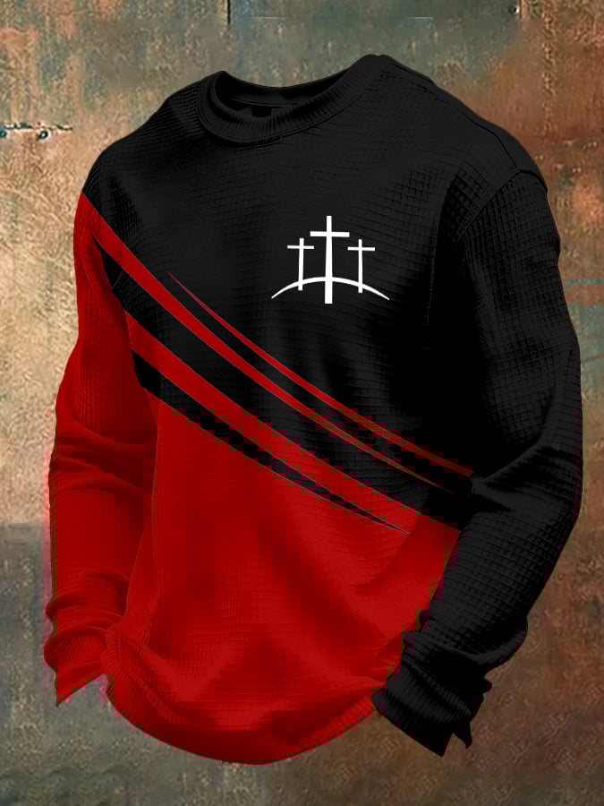 Men's Retro Faith Design Printed Waffle Fabric Long Sleeve T-Shirt