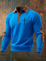 Men's Vintage Faith Cross Print Button Lapel Sweatshirt