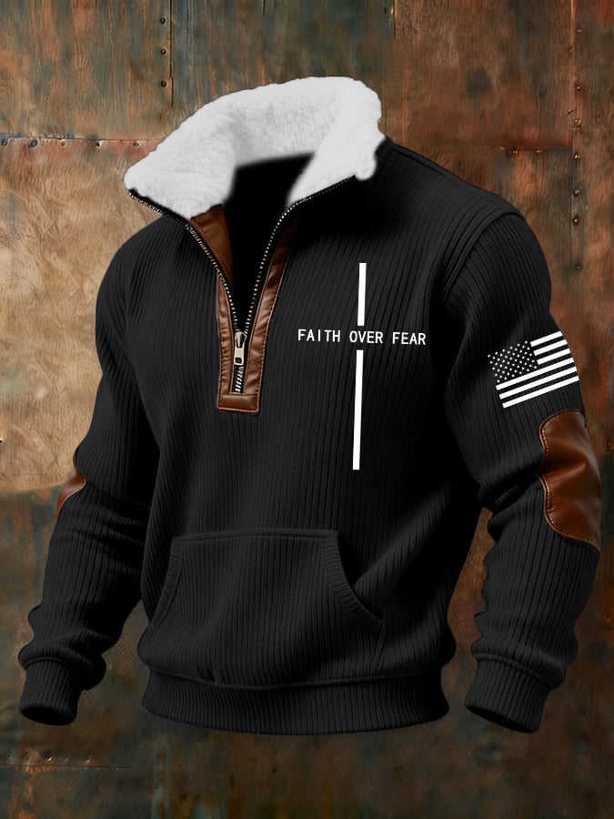 Men's Retro Faith Cross Print Zipper Fur Collar Long Sleeve Sweatshirt
