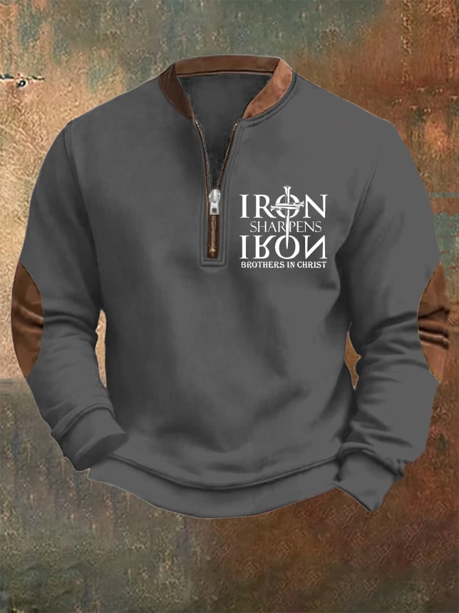 Men's Vintage Faith "Iron Sharpen Iron Brothers In Christ" Printed Zip Collar Sweatshirt