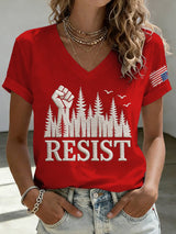 V-Neck Retro Resist Save The Forest Service Print T-Shirt