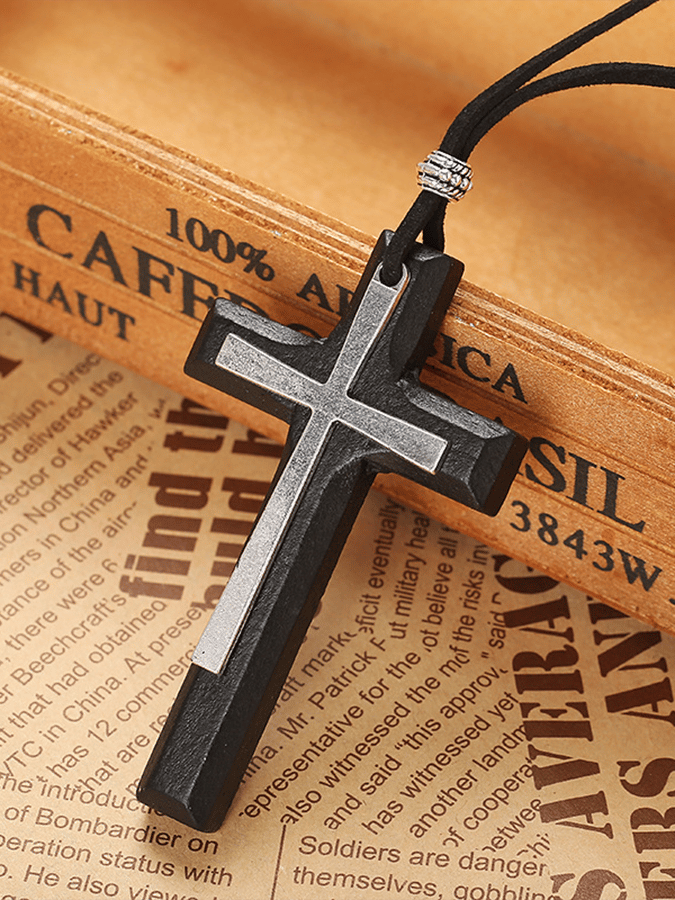 Women's Faith Vintage Handmade Double Layered Alloy Wooden Cross Necklace
