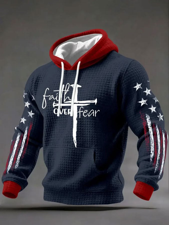 Men's Faith Print Checkered Fabric Hooded Sweatshirt