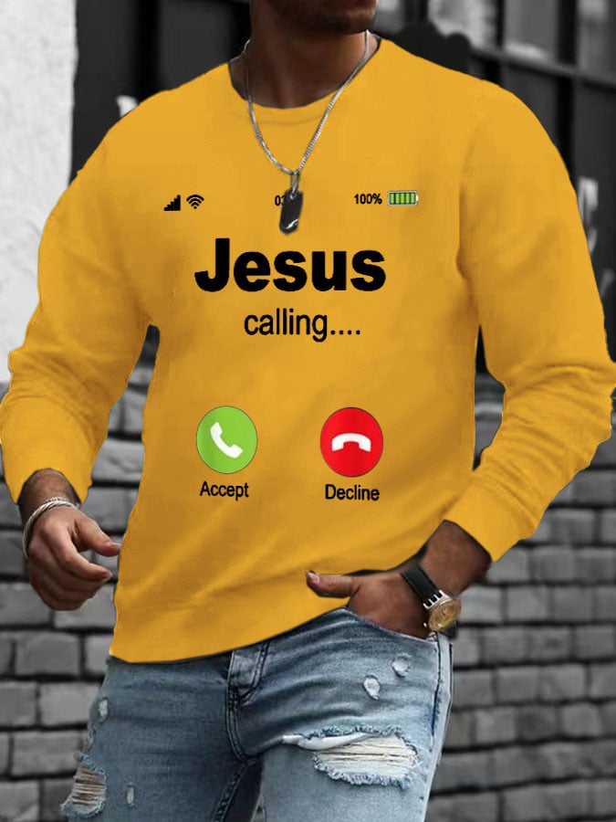 Men's Retro Jesus Calling Printed Long Sleeve Sweatshirt