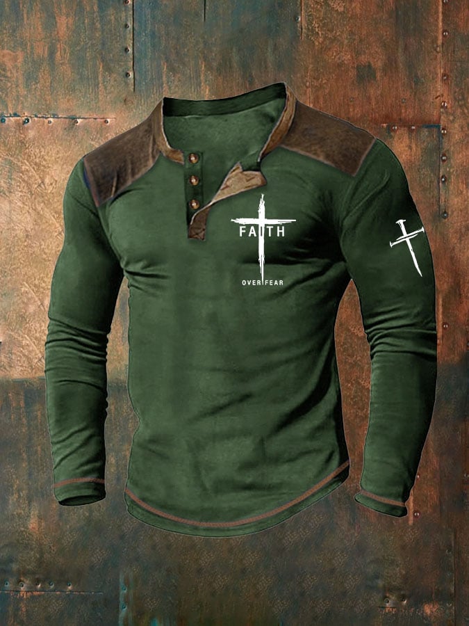 Men's Faith Over Fear Cross Printed Henley Collar Shirt