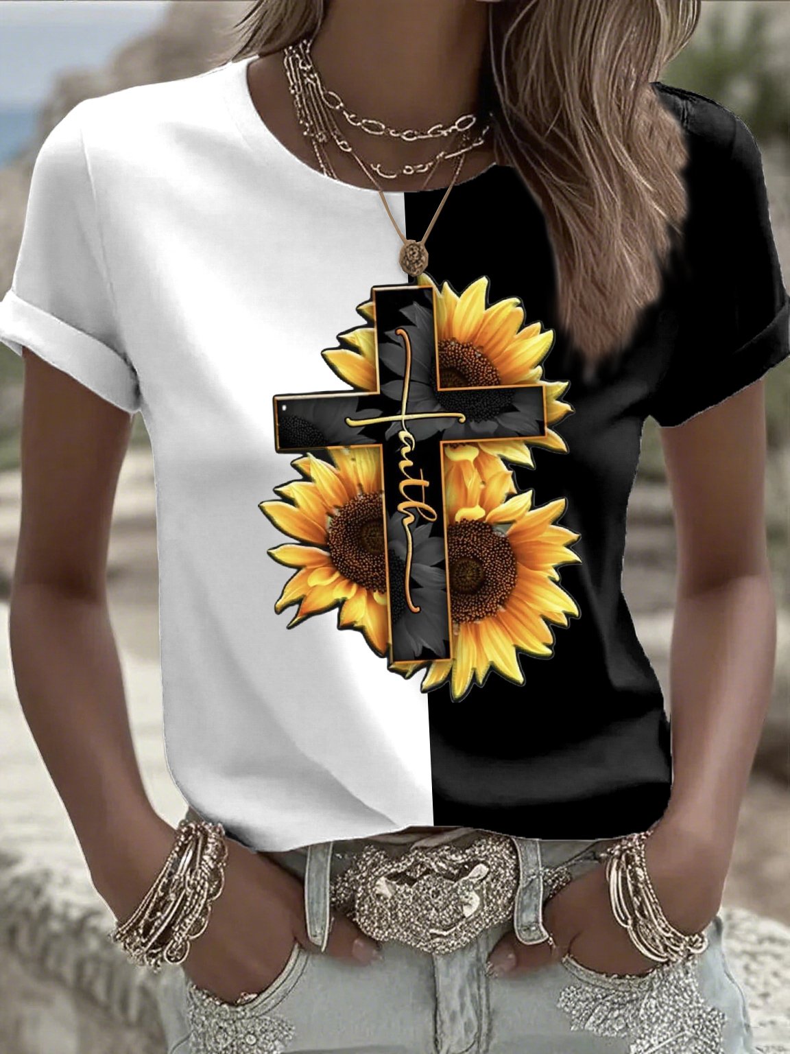 Women's casual retro faith contrast color T-shirt