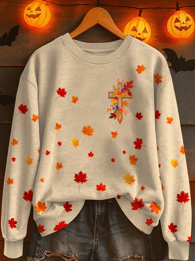 Women's Autumn Maple Leaf Faith Print Crew Neck Sweatshirt
