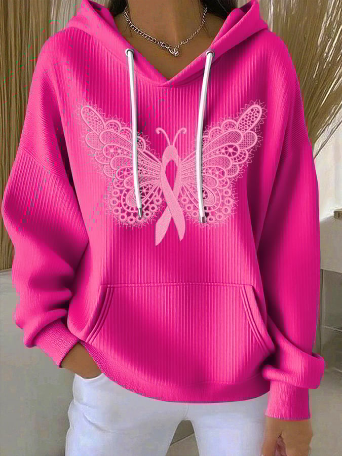 Women's Casual Pink Butterfly Ribbon Textured Hoodie