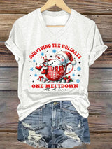 V-Neck Retro Christmas Snowman In Coffee Surviving The Holidays One Meltdown At A Time Print T-Shirt
