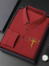 🔥Buy 3 Get 15% Off🔥Men's Vintage Faith “Jesus Because Of Him” Long Sleeves Polo Shirt