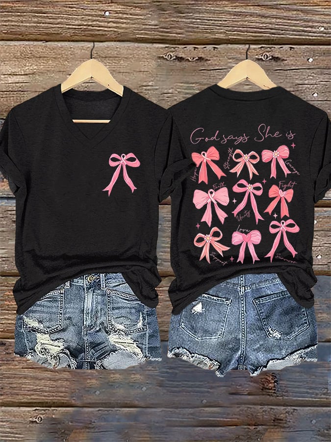V-Neck Retro Breast Cancer Awareness Bow God Says She Is Hope Strength Courage Faith Unity Fight Support Love Survivor Print T-Shirt