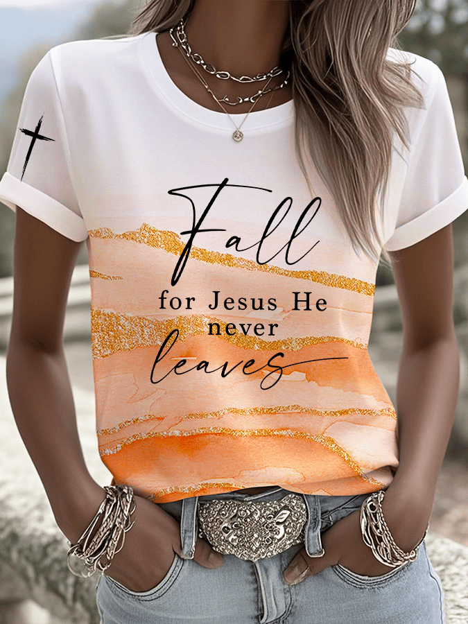 Women's Retro Fall For Jesus He Never Leaves Printed Casual T-Shirt