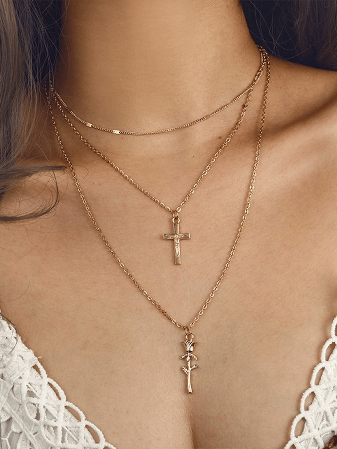 Women's Golden Cross Rose Pendant Multi-Layer Necklace