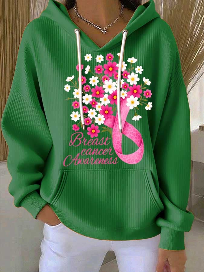 Women's Breast Cancer Floral Print Casual Hoodie