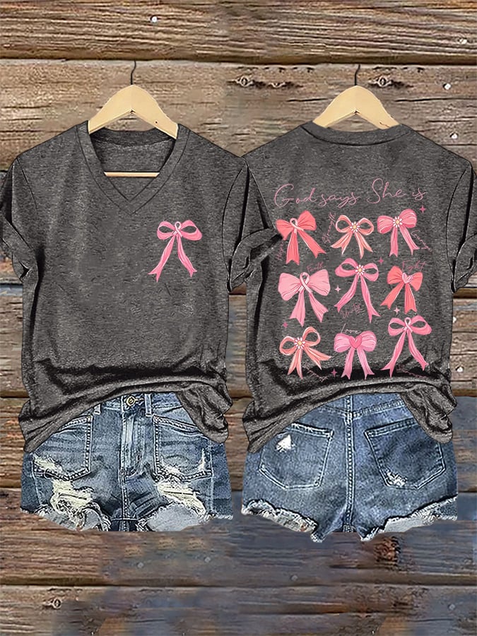 V-Neck Retro Breast Cancer Awareness Bow God Says She Is Hope Strength Courage Faith Unity Fight Support Love Survivor Print T-Shirt