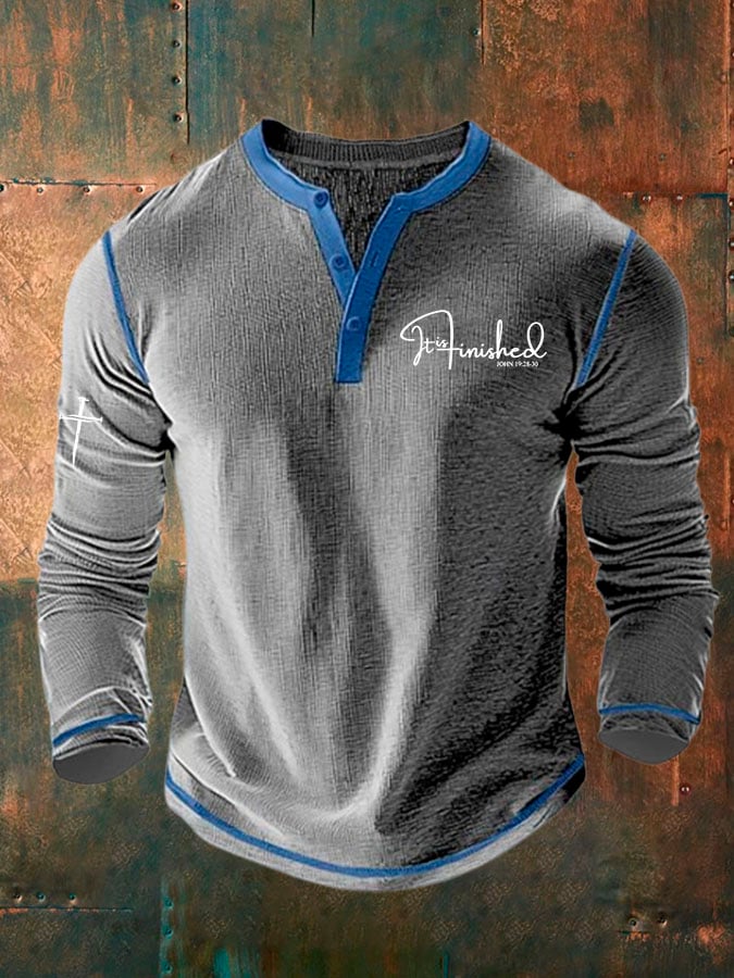 Men'S It is Finished Print Henley Collar Shirt