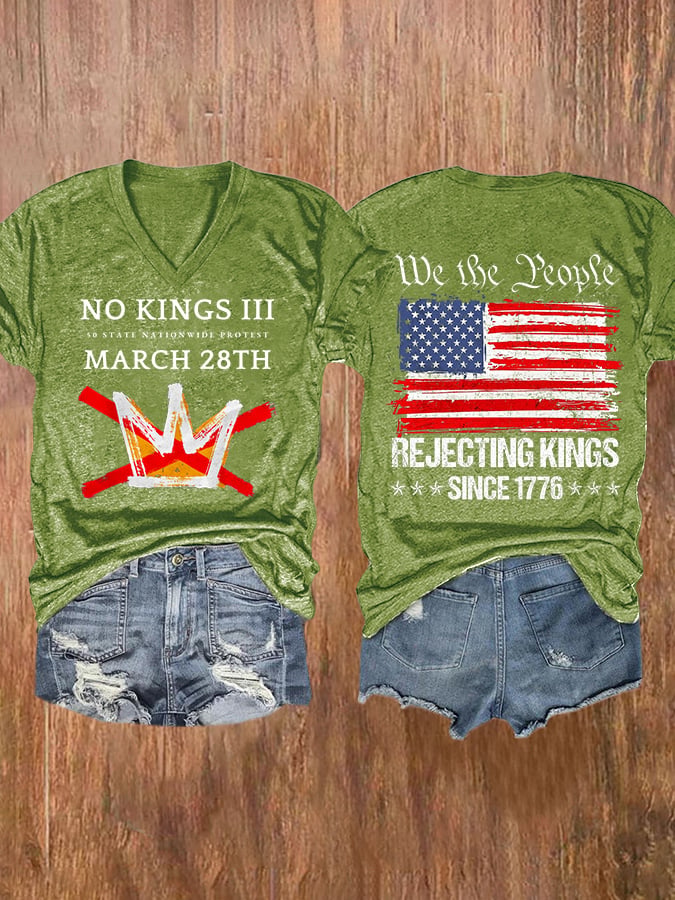 🔥Buy 3 Get 15% Off🔥V-Neck Retro No Kings III 50 State Nationwide Protest March 28th Rejecting Kings Since 1776 Print T-Shirt