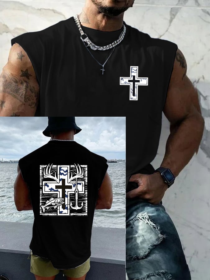 Men's Retro Faith Fishing Hunting Print Round Neck Tank Top
