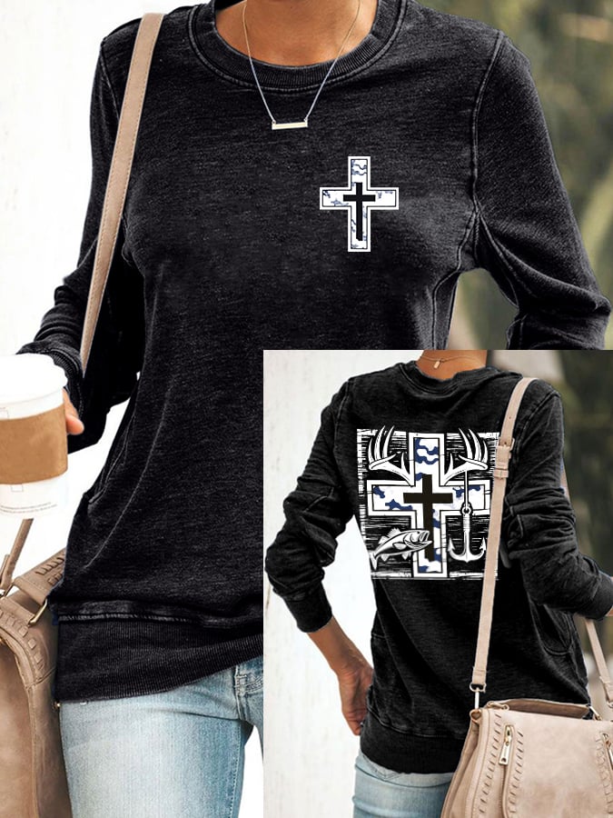 Women's Retro Faith Fishing Hunting Printed Casual Sweatshirt